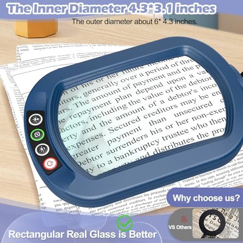 Drdefi 12X Square Magnifying Glass with Light and Stand, Real Glass LED Lighted Magnifier, 5 Color Modes Stepless Dimmable, Hands-Free Mag Desk Lamp with Clamp for Reading Craft Hobby Close Work Blue