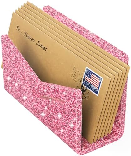 Beego Envelope and Mail Organizer Countertop - Glitter Pink Acrylic Desk Organizer Letter Holder Desktop File Sorter Bill Document Folder Rack for Office, Home, School Desk Organization