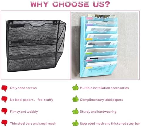 8 Pockets Mesh Wall File Holder Organizer Office Hanging File Folder Magazine Rack, Nametag Label Hooks Set Included (Blue)