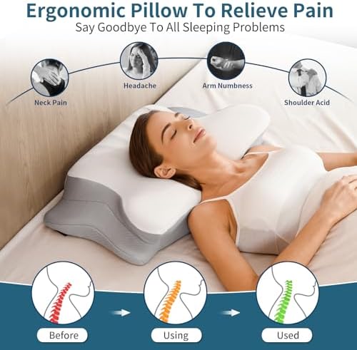 Ylekto Cervical Neck Pillow for Pain Relief - Contour Memory Foam Pillows for Sleeping, Ergonomic Pillow Side Sleeper Pillow for Neck Support, Bed Pillow for Side Back Stomach Sleepers (White)
