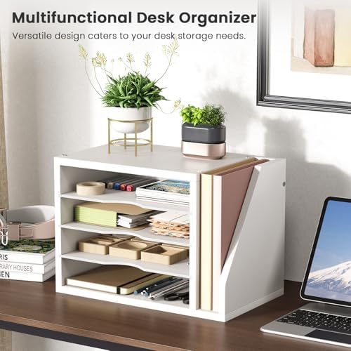 Creso hom Mail Sorter, File Organizer Desktop, Wood Desk Organizer with 3 Adjustable Shelves, Mail Holder for Office, Home, Letter Sorter File Holders for Envelopes, Mail Supplies Magazines, White