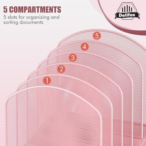 Delifox Inclined Desk File Organizer,Vertical File Folder Holder Stand Metal Rack File Sorter for Office Classroom Desktop Organization (2, Pink, 5)