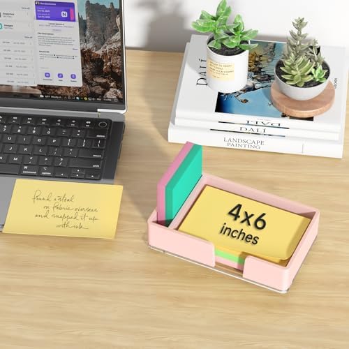 Sticky Note Holder with Pen Slot, Pink Acrylic Notepad Holder 4x6 in Self-Stick Note Dispenser Office Desk Accessories, Memo Pad Holder Organizer for Classroom School Supplies