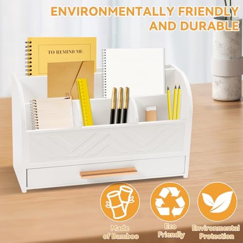 Charmewooden White Desktop Organizer with Drawer Storage, White Desk Organizer Mail Holder Mail Organizer Countertop Pen Holder Letter Sorter Make up Organizer for School Home Office Supplies