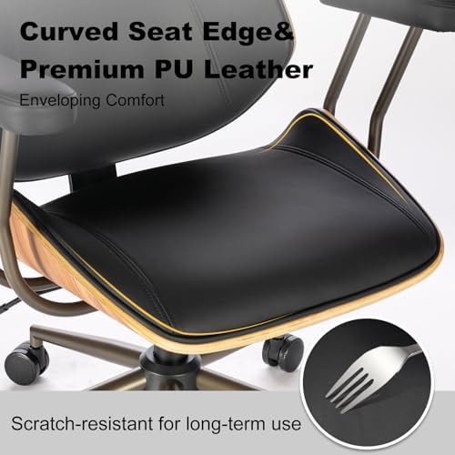 Mid Century Walnut Bentwood PU Leather Office Chair with Arms, Black