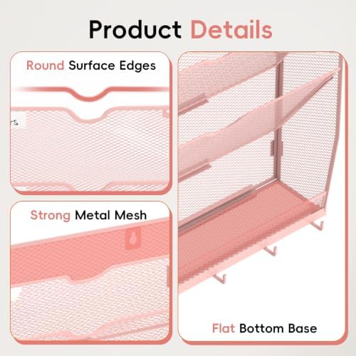 Wall File Holder Hanging Wall File Organizer, Wall Mount Mail Holder and Paper Organizer with Bottom Shelf & 5 Hooks for Office Home School (8-Tier Pink)