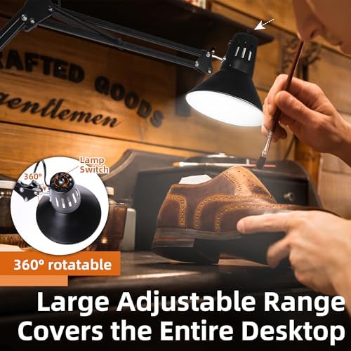 Black Desk Lamp with Clamp, Extra-Tall Adjustable Metal Swing Arm, 3000K
