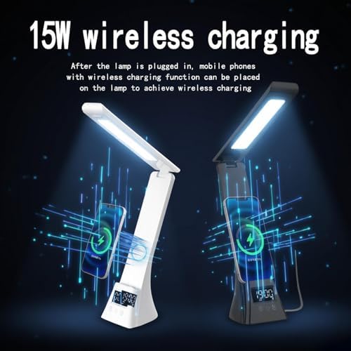 AYI Multifunctional LED Desk Lamp, 10W Wireless Charging Station with Digital Clock & Alarm, Foldable Phone Holder Stand for Bedroom Home Office, TYV-2088 Black.
