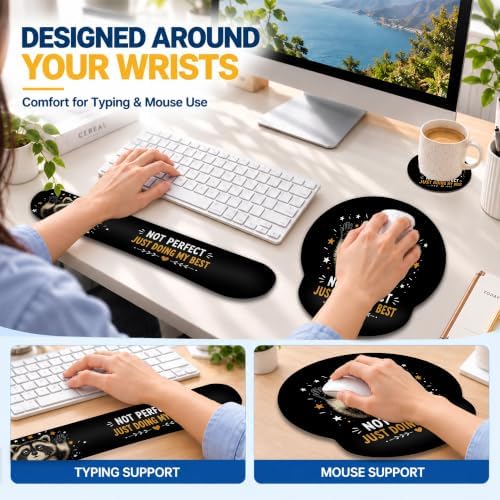 Raccoon Wrist Rest Mouse Pad 3 Piece Set with Keyboard Rest and Coaster