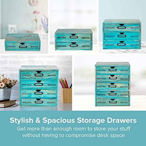 5-piece Full Matching Set Turquoise Wooden Cabinets,European Country Style Desk Organizer Boxes,Multi-level Teal Wooden Stackable Drawers,Countertop Organizer Drawers w/ Label Holder,Desktop Chests