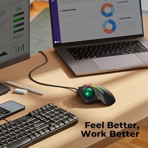 Wired Ergonomic Trackball Mouse, 34mm Thumb Control, RGB Lighting
