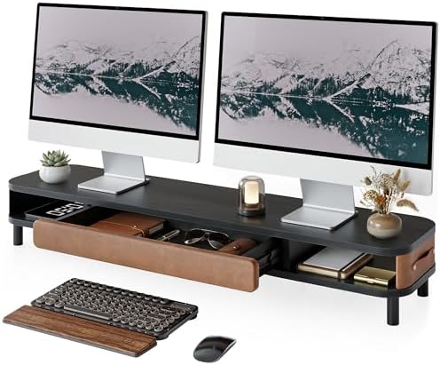 Fenge Dual Monitor Stand with Large Storage Drawer, 42.5" Desk Shelf, Black