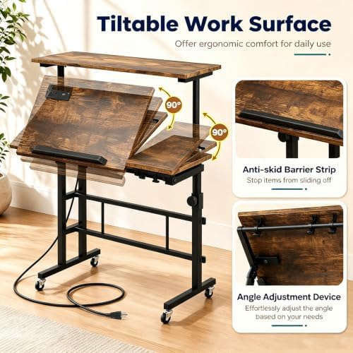 Tangkula Height Adjustable Mobile Standing Desk with Built-in Power Outlets