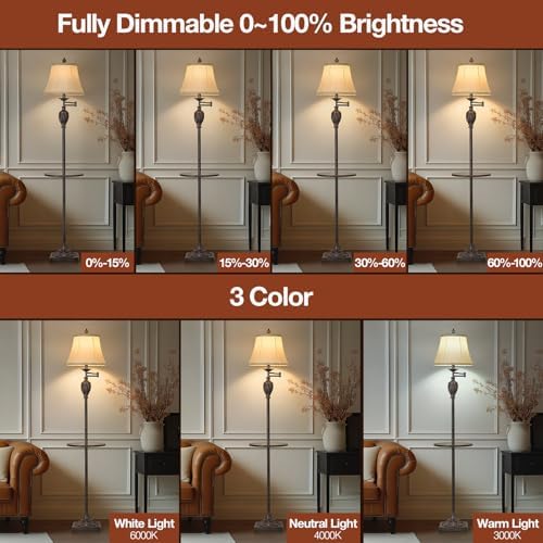 Traditional Floor Lamp withTray,Remote Dimmable,350°Swing Arm,Antique Black