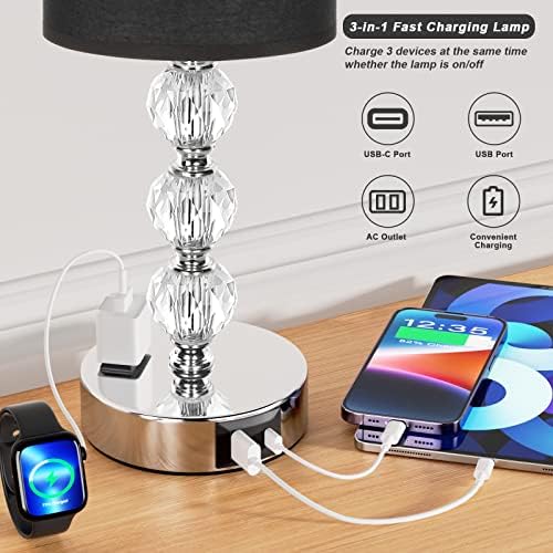 Black Touch Bedside Lamps for Bedrooms - Crystal Table Lamp with USB C+A Charging Port and AC Outlet Nightstand, 3 Way Dimmable Silver Small End Side Table Lamp for Living/Guest/Dinning Room/Kitchen