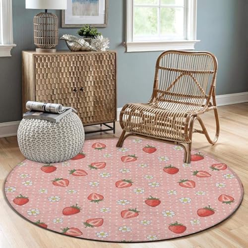 Soft Round Yoga Carpet, Office Chair Decor Round Mat for Carpet and Hardwood Floors Floral Flowers Dots Cute Strawberries Pink Art, 60inch