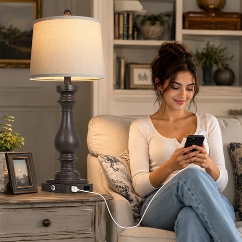 Cinkeda 29" Tall Farmhouse Table Lamp for Living Room Set of 2,Vintage Retro Nightstand Lamps with USB C+A Ports & AC Outlet,3-Way Dimmable Touch Bedside Lamp for Bedroom End Table,Earthy Tone
