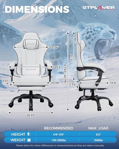 GTPLAYER Big and Tall Gaming Chair with Footrest, Ergonomic Office Desk Chair with 4.4in Thick Cushion and Wide Wingless Seat, Comfortable Leather Computer Chair, Predator Series, White