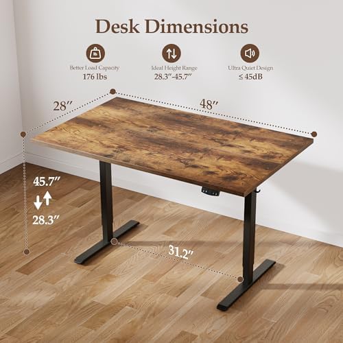 Klicelor 48 x 28 Electric Standing Desk, Sit Stand Up Home Office Desk, Height Adjustable Deep Cumputer Table with Memory Presets and Hooks, Two Pieces, Rustic Brown