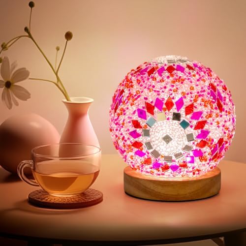 Turkish Mosaic Lamp, 3 Color Temperature Tiffany Bedside Lamp with USB Power, Moroccan Glass Lantern Table Lamp for Living Room Decor, Simple Control (D:4.7" x H:5.2") (Red1)