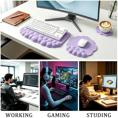 Cloud Keyboard Wrist Rest Set, 3 in 1 Ergonomic Memory Foam Keyboard Stand Pad with Mouse Wrist Support & Cup Holder, Anti-Slip Desk Cushion for Office Gaming Typing Pain Relief, Purple