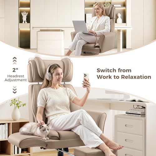 Big and Tall Office Chair, Flip Armrests for Pets & Cross Legged Sitting, Ergonomic Leather Executive Desk Chair with Foot Rest, High-Back Reclining Computer Chairs for Home Office Gaming, Khaki