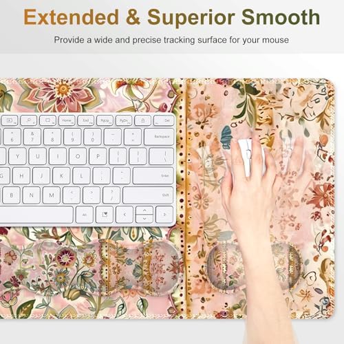 Desk Mat Gaming Mouse Pad, Cute Desk Matt Keyboard Wrist Rest for Desktop, Anti-Slip Mousepad w/Stitched Edges, XXL Large Mouse Pad with Wrist Support for Desk Computer I Pink Retro Flower Vine