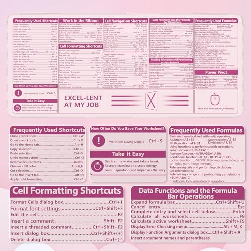 iCasso Excel Cheat Sheet Desk Pad, Pink Excel Shortcuts