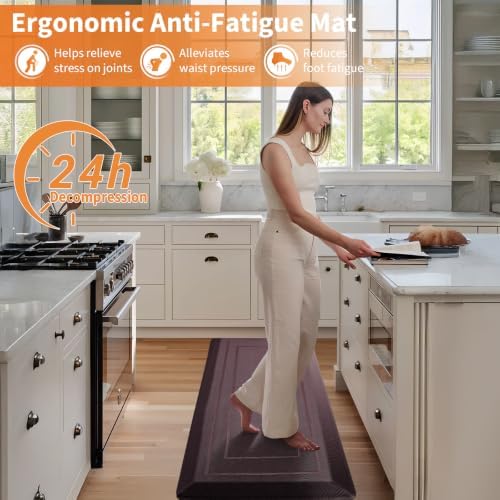 UKISS 9/10"" Extra Thick Cushioned Anti Fatigue Kitchen Mat, Waterproof High Density Foam Standing Desk Mat, Non-Slip Ergonomic Comfort Mat for Kitchen, Office,Workstation Black (Brown, 20" X 48")