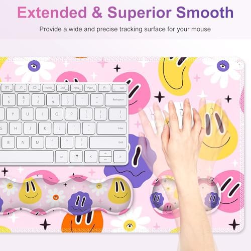 Gaming Mouse Pad Keyboard Wrist Support, 4 in1 Mousepad with Wrist Keyboard Rest, Computer Desk Mat, Non-Slip Desk Pad Protector with Memory Foam Easy Typing Pain Relief I Cute Hippie Smiley