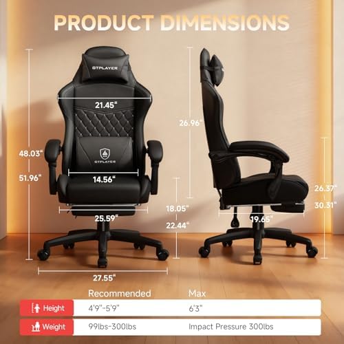 GTPLAYER Gaming Chair, High Back Leather Computer Gaming Chair with Footrest, Ergonomic Height Adjustable Office Chair with Removable Cover and Lumbar Support for Gaming & Work,Black
