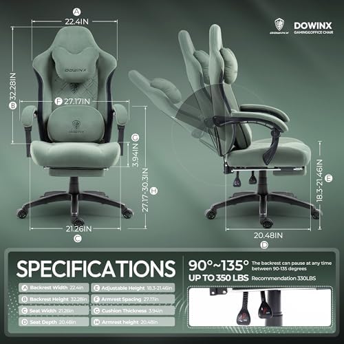Dowinx Fabric Gaming Chair with Heated Massage Lumbar Support, Game Chairs for Adults, Big and Tall Gamer Chair with Pocket Spring Cushion, High Back PC Chairs with Footrest, Green