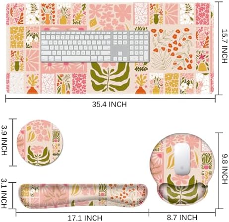 DINKY Desk Mat Mouse Pad, XXL Large Gaming Mouse Pad with Wrist Rest Wrist Support, Ergonomic Mouse Pads, Keyboard Wrist Rest, Desk Accessories Decor, Checkered Flower Plant