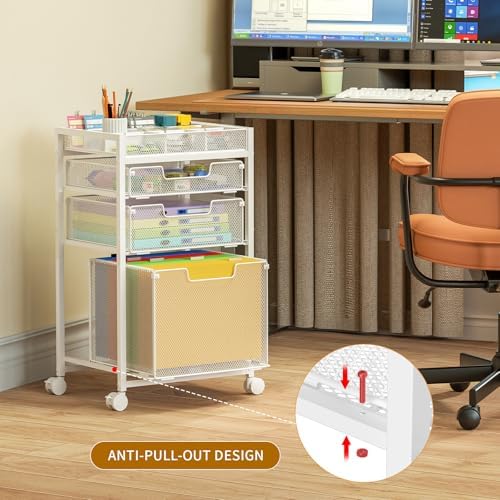 Rolling File Cart with 3 Storage Drawers, Under Desk Organizer with DIY Divider, Moblie Filing Cabinet on Wheels, Fits A4/Letter Size, Metal Utility Cart for Home Office, White