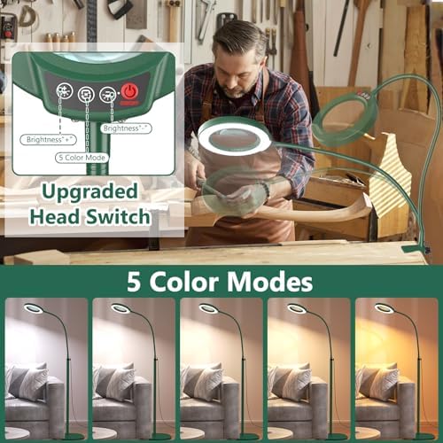 15X Magnifying Glass with Light and Stand, Optical Grade Real Glass Lens, 5 Color Modes, Stepless Dimmable, 24" Flexible Gooseneck 3-in-1 Floor Lamp, LED Lighted Magnifier Hands Free for Hobby - Green