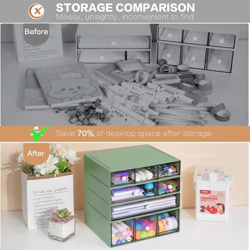 Desk Storage Organizer with 9 Drawers, 4 Tiers Stackable Desktop Craft Storage Drawers, Clear Storage Box Caddy for Stationary Makeup Jewelry Office Craft Supplies (Green)