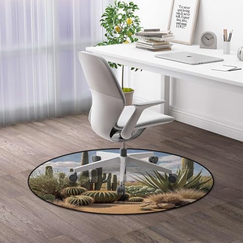 Natural Desert Gaming Chair Mat for Computer Desks, Cactus Landscape Style Anti-Slip & Scratch-Resistant Floor Protector for Rolling Chairs, Earth Blue Diameter 59 in