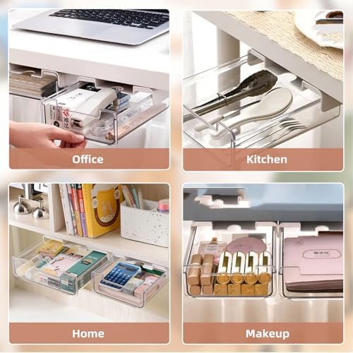 TooCust 2 Pack Under Desk Storage Drawers Slide Out-Drill-On or Self-Adhesive,Large&Medium Drawer Under Desk Organizer Under Table Drawer for Home Office School Organization and Storage