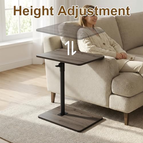 YUHFERA Sofa Armrest Tray Table for Couch - 360 Swivel Height Adjustable C Shaped End Table for Small Spaces, Snack Side Table for Bed or Chair with Phone & Tablet Slot (Gray, Enlarged)