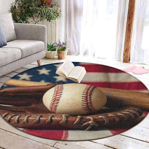 Fashion Round Area Rug Large Non Slip Carpet, Retro Baseball American Flag Unisex Home Decor Mat