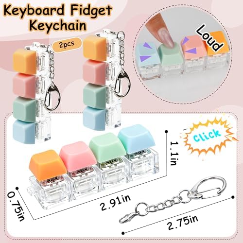 2 PCS Keyboard Fidget Toy, Keyboard Fidget Keychain 4-in-1 Keyboard Decompression Button Finger Clicker Toys, Button Stress Relief Fidget Gifts to Relief Stress (Fours- Pink Orange Blue)
