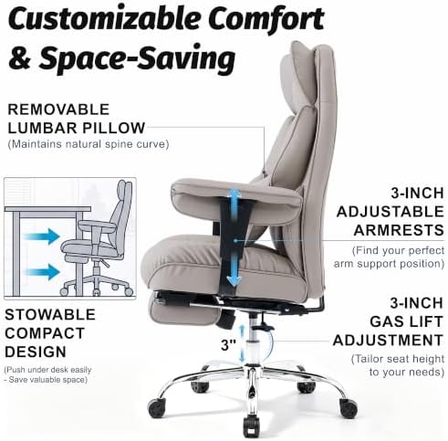 Efomao Executive Office Chair 400lbs,Grey Big and Tall Desk Chair