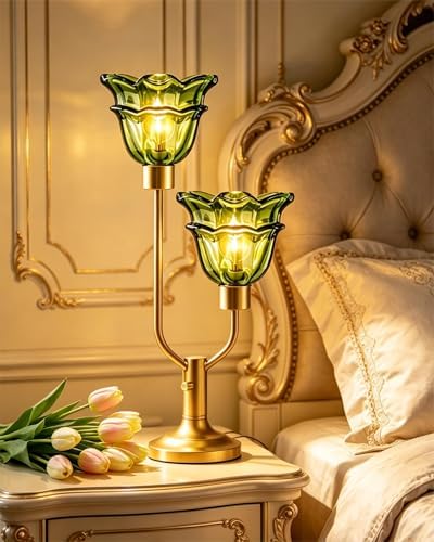 Lightdot Green Glass Flower Table Lamp Vintage 2 Bulbs Included Dimmable