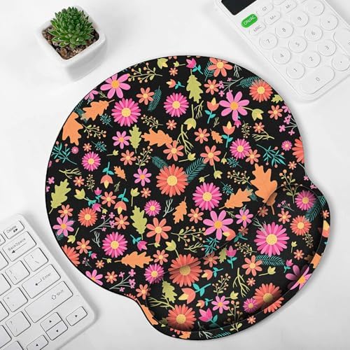 KONVINIT Ergonomic Mouse Pad with Wrist Rest, Small Mousepad with Non-Slip Rubber Base and Smooth Surface, Black Flowers Mouse Pads for Desk, Office Desk Accessories