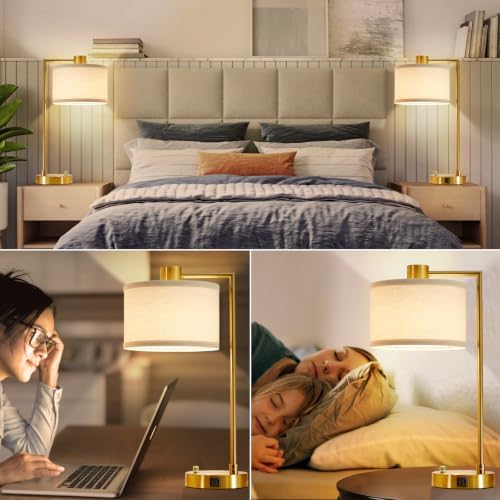 Gold Table Lamp Set of 2, Dimmable Bedside Lamps for Night Stands, USB A+C