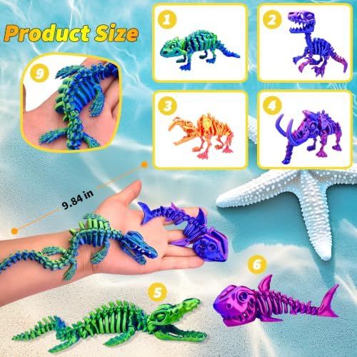 6pcs 3D Printed Dinosaur Skeletons,Snake Flexible，Articulated T-Rex Fidget Toys,Large,3D Printed Animals,Desk Toy，Easter Eggs Basket Stuffers,Toys for Boys Kids Teen Girl 4-6 8-12