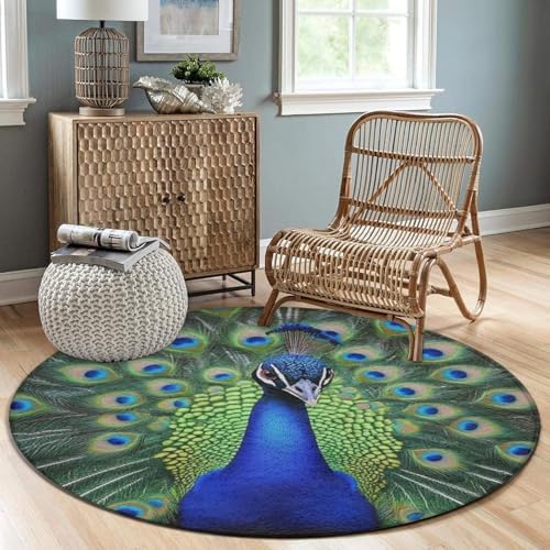 Machine Washable Modern Round Area Rug, Room Sofa Yoga Soft Round Carpet, Home Decor Non Slip Kitchen Office Circle Rug Peacock Feather, 60inch