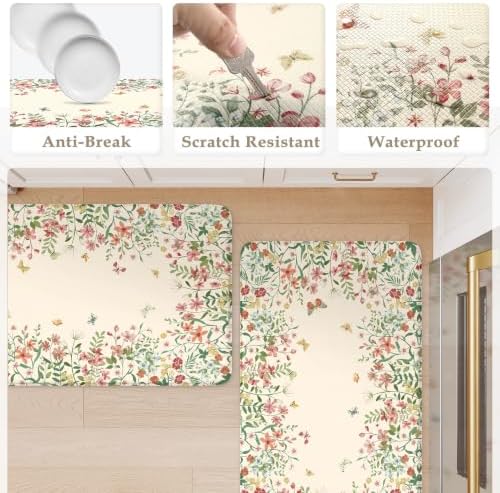 KIMODE Anti Fatigue Kitchen Mats for Floor 2 Pc, Floral Kitchen Rugs Beige