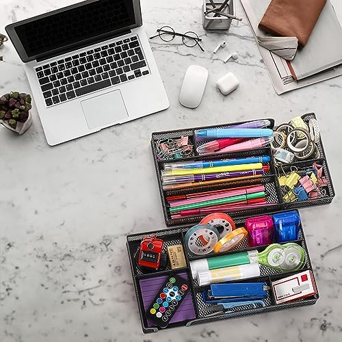 Noamus 2 Pack Desk Drawer Organizer, Metal Mesh Drawer Office Tray, 6 Compartments Pen Organizer Storage Box, Desktop Basket Accessories for Home Office School Kitchen Vanity Supplies, Black