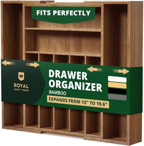 ROYAL CRAFT WOOD Luxury Bamboo Kitchen Drawer Organizer - Silverware Organizer - Utensil Holder and Cutlery Tray with Grooved Drawer Dividers for Flatware and Kitchen Utensils (9 Slot, Brown Bamboo)